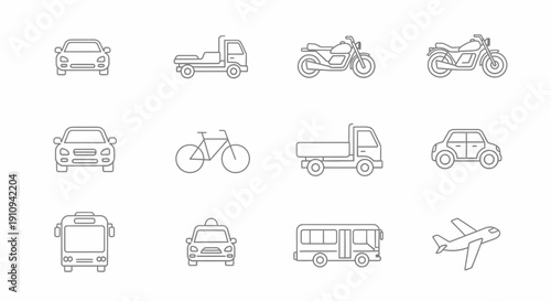 Collection of Various Vehicle Icons Outlined.