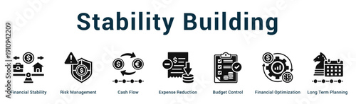 Stability Building  Modern and clean web banner illustration vector featuring thematic icons