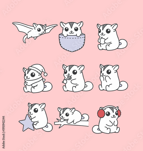 Cute sugar glider mascot character set in various poses flying eating wearing hat and headphones for stickers and children book illustrations