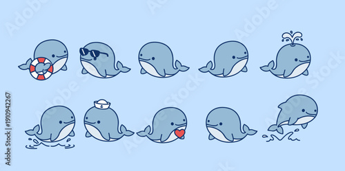 Set of cute blue whale characters in different situations wearing sunglasses sailor hat splashing water and holding heart for ocean themes