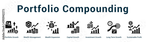 Portfolio Compounding  Modern and clean web banner illustration vector featuring thematic icons