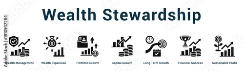 Wealth Stewardship  Modern and clean web banner illustration vector featuring thematic icons