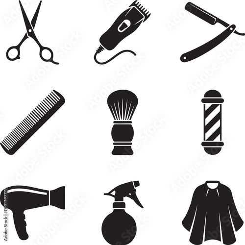 Barber Shop and Hair Salon Equipment Icon Set with Scissors, Clippers, Razor, and Comb Vector