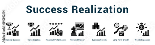 Success Realization  Modern and clean web banner illustration vector featuring thematic icons