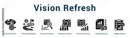Vision Refresh  Modern and clean web banner illustration vector featuring thematic icons