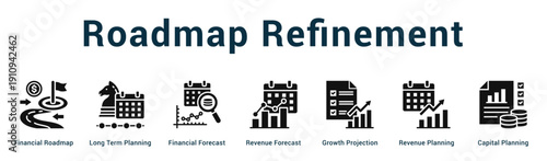 Roadmap Refinement  Modern and clean web banner illustration vector featuring thematic icons
