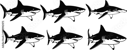 hammerhead sharks swimming in various predatory poses for marine life ocean conservation and predatory sea creature design