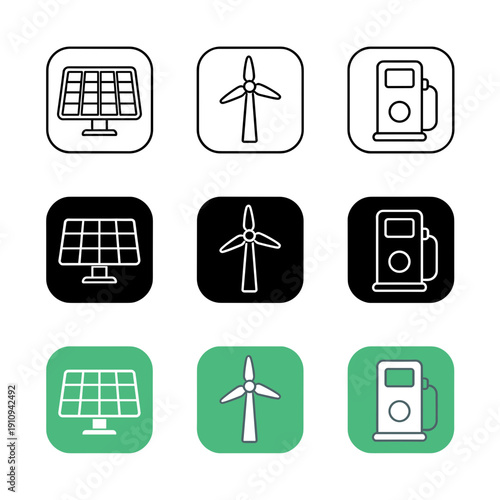 Renewable Energy and Fuel Station Icons Featuring Solar Panels Wind Turbines and Gas Pumps in Different Graphic Styles for Environment Concept