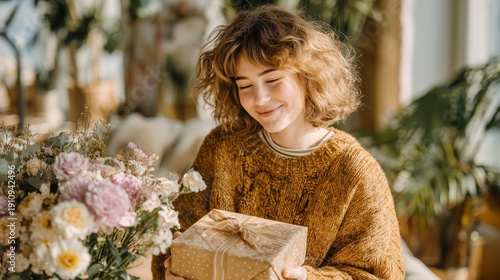 Young woman receiving a gift box and flower bouquet , emotions happy and smiling, concept of self-care and love, gifts for International Women's Day, spring holiday, March 8