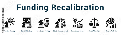 Funding Recalibration  Modern and clean web banner illustration vector featuring thematic icons
