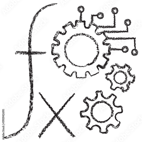 Vector icon with math function, gears, and AI neural nodes. Dark brown charcoal sketch on transparent background, representing artificial intelligence algorithms and machine learning backend