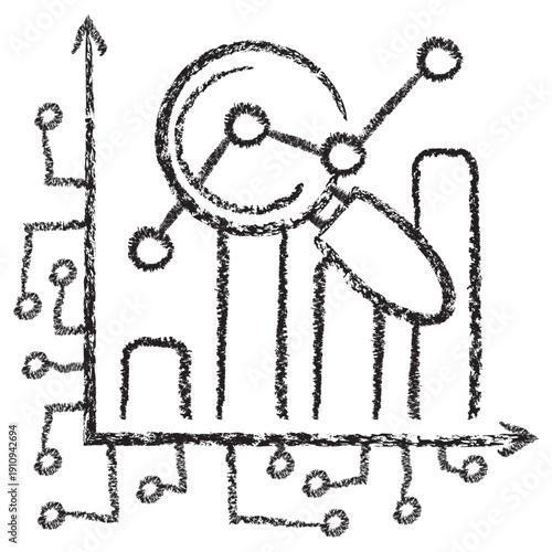 Vector icon of a magnifying glass auditing an AI neural network and data bar chart. Dark brown charcoal sketch on transparent background. Hand-drawn concept for explainable AI and data analysis