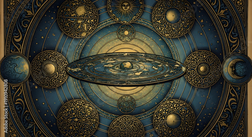 Celestial Orrery A Detailed Astronomical Model Depicting the Cosmos and Its Heavenly Bodies with Intricate Designs
