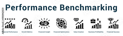 Performance Benchmarking  Modern and clean web banner illustration vector featuring thematic icons