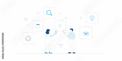 People interacting with mobile devices and digital interface elements