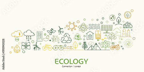 A collection of green and yellow line icons representing ecology and nature