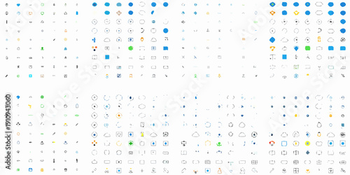 Abstract arrangement of diverse symbols and characters in varying colors