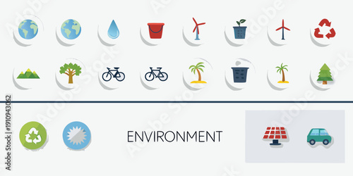 Colorful icons representing environmental themes and sustainable living concepts