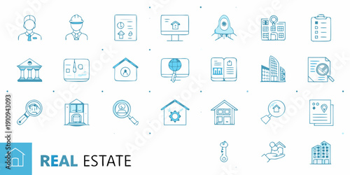 Collection of blue line icons representing real estate and related professions