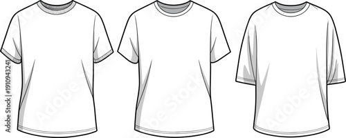 Three white short sleeve crew neck t shirts with black outlines and gray shadows white t shirts