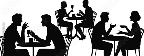 Silhouettes of people sitting at small tables in a cafe chairs