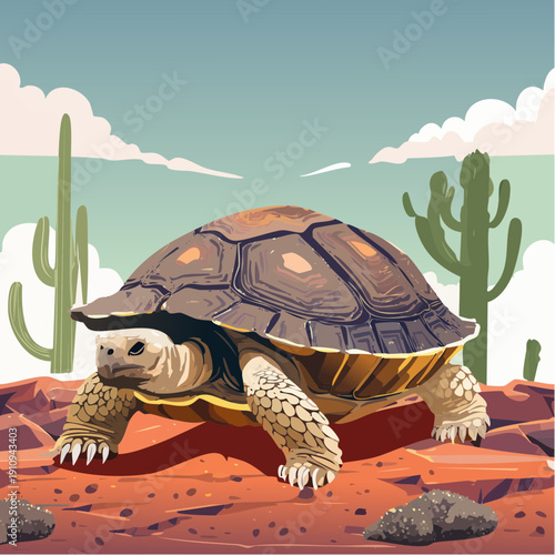 Majestic Tortoise Roams Arid Desert with Towering Saguaro Cacti, Symbolizing Wildlife Resilience