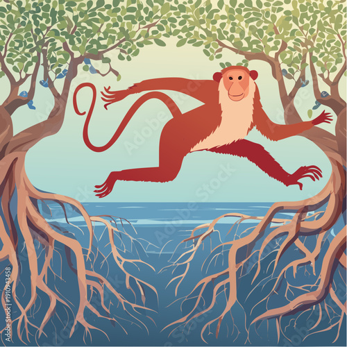 An Energetic Red Monkey Leaping Dynamically Over Water Between Mangrove Trees in a Vibrant Jungle Illustration