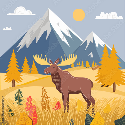 Majestic Moose in Autumn Landscape with Mountains and Fall Colors