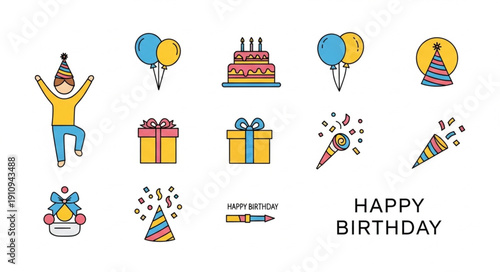Colorful Birthday Celebration Icons Set.