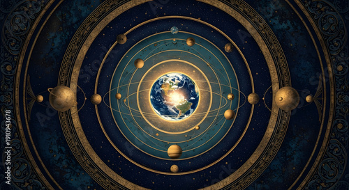 Celestial Orrery Depicting Earth and Orbiting Planets, Illustrating Cosmic Harmony and Astronomical Wonder in a Detailed, Vintage-Inspired Design