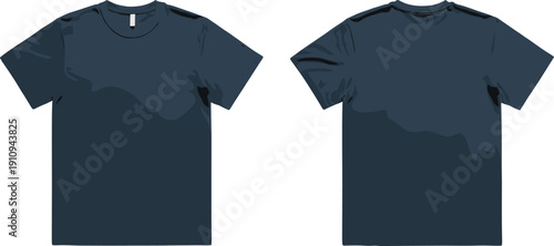 Two dark blue t shirts on white background short sleeve crew neck plain