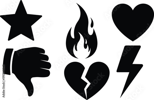 Collection of symbolic icons heart star flame and thumbs down.