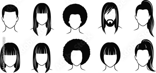 Collection of black hairstyle silhouettes featuring various male and female head avatars with different hair types isolated on white background for salon beauty designs