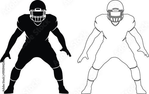 Contrast of two football players in different uniforms standing in athletic stances