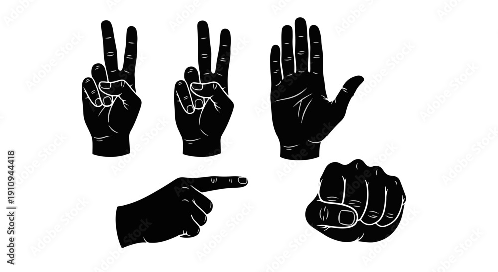 Fototapeta premium Set of Diverse Hand Gestures Indicating Numbers Pointing and Palm Open for Communication on Black Background