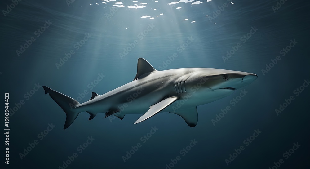Fototapeta premium Majestic Great White Shark Patrolling Deep Blue Ocean Waters