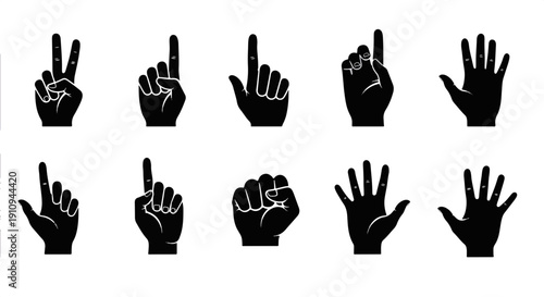 Collection of Diverse Hand Gestures in Black Silhouette Showing Numbers One Through Five with Minimalist White Line Accents Isolated on a Dark Background
