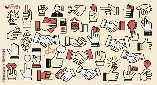 Collection of Diverse Hands and Hand Gestures Expressing Actions Communication and Agreement Designed in a Clean Flat Style with Red and Black Accents on a Light Cream Background