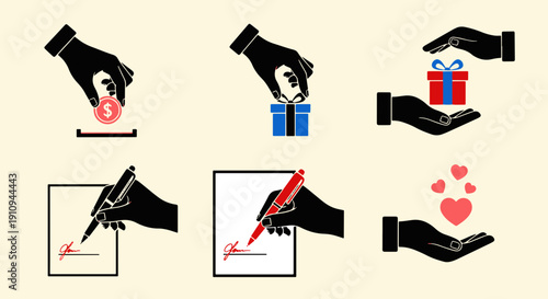 Set of Black Silhouette Icons Depicting Hands Performing Various Charitable and Financial Actions Donating Coin Receiving Gift Signing Document and Giving Hearts