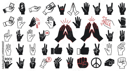 Collection of Black Hand Gestures and Icons for Communication Finance and Lifestyle on a Dark Background Diverse Icons Diverse Symbols Diverse Icons