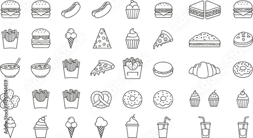 Hand Drawn Fast Food and Dessert Icon Set with Burgers Pizza Fries Ice Cream Donuts and Snacks Outline Vector Collection