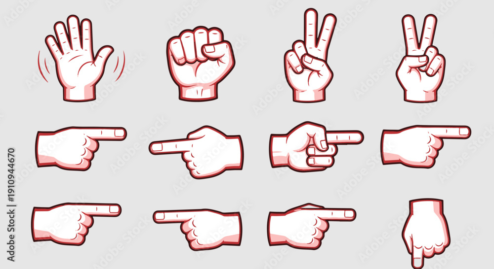 Fototapeta premium Collection of Cartoon Hands Showing Different Gestures Including Waving Fist Peace Sign and Pointing Fingers in Various Directions Isolated on a Plain Background