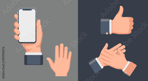 Hands Holding a Smartphone in One Split and Showing Approval with Thumbs Up and Clapping in the Other Split Contrasting Digital Interaction with Real world Engagement