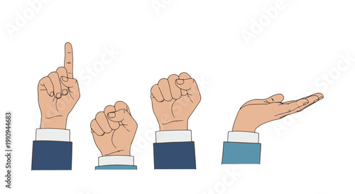 Four Distinct Hands in Different Gestures Palm Facing Forward or Upward Index Finger Up Fists Clenched and Open Palm Showing Support Against a Stark Black Background