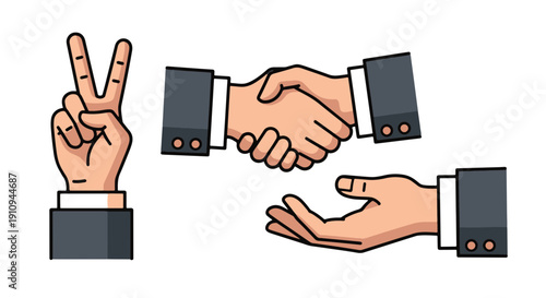 Pair of Hands in Business Attire Performing Handshake and Displaying Victory Sign Symbolizing Teamwork Agreement and Success in Professional Settings