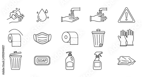 Collection of Line Art Icons Representing Hygiene and Safety Including Hand Washing Soap Sanitizer Trash Bin Toilet Paper Face Mask and Warning Sign