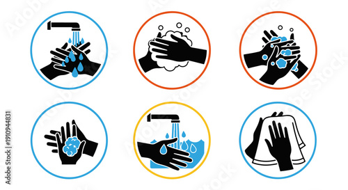 Six Colorful Circular Icons Illustrating Step by step Handwashing Procedure with Water Soap and Towel on a Black Background