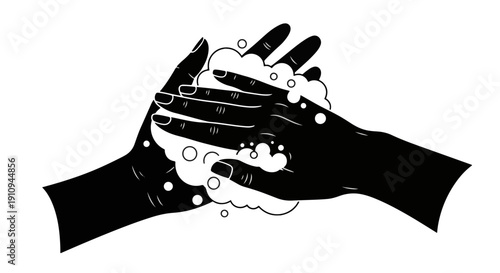 Two Hands Being Washed with Soap Bubbles Showing Cleanliness and Hygiene with a Simple Line Art Style Against a Dark Backdrop for a Hygienic Concept
