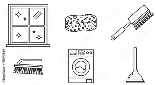 Collection of Cleaning Supplies and Home Appliances Shown as Simple Outline Icons Arranged in a Grid Against a Black Background
