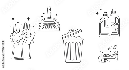 Household Cleaning Supplies Hand Washing with Soap and Bubbles Dustpan and Broom Trash Can and Detergent Bottles Presented as Minimalist Line Art Icons on a Dark Background